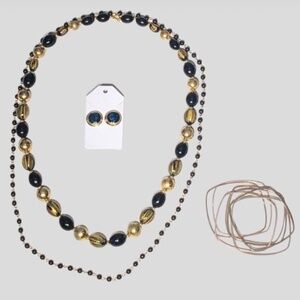 Vintage Beaded Multi Strand Necklace Earring Bangle Black Gold